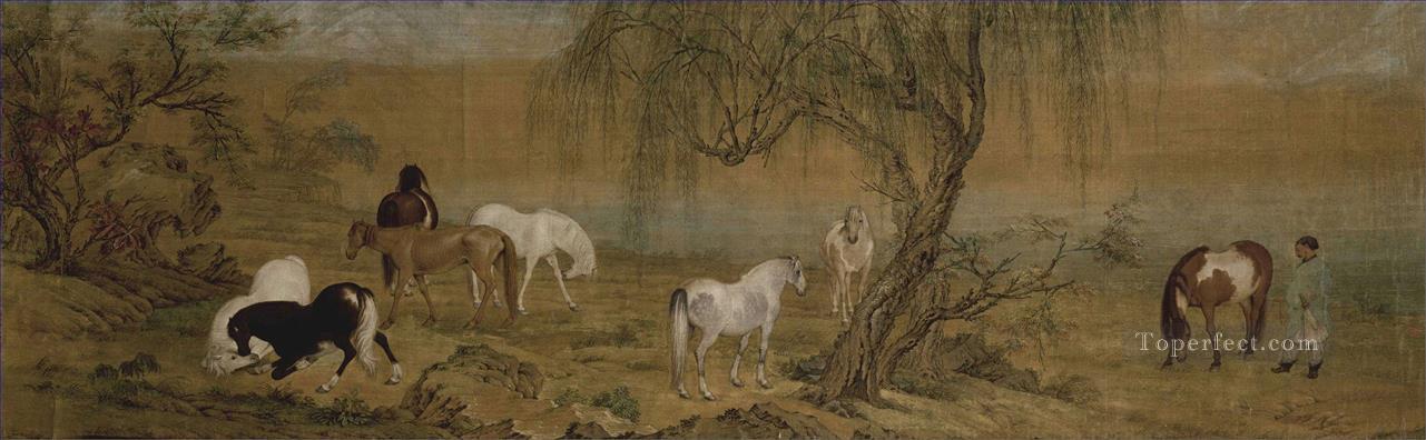 田舎の古い墨で輝くラング馬 ジュゼッペ・カスティリオーネ油絵